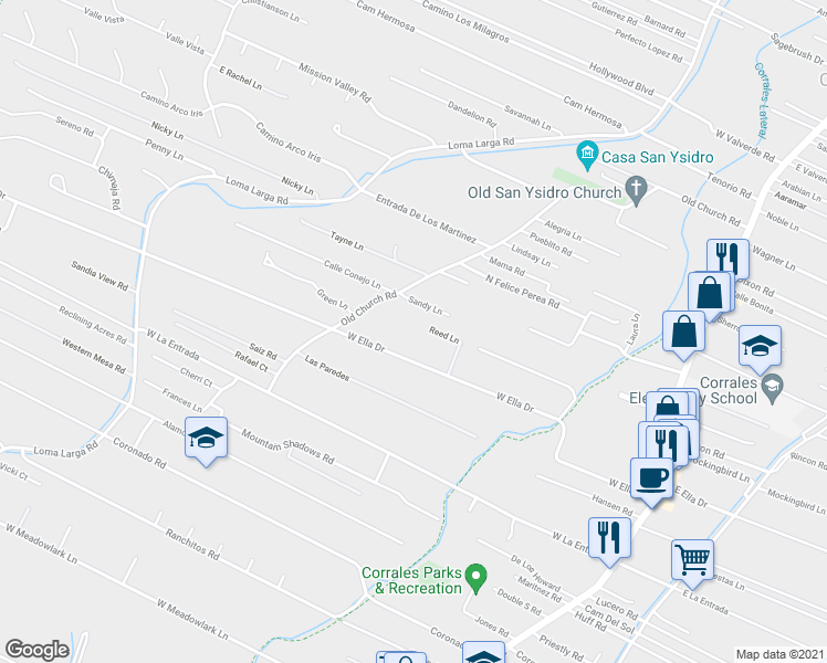 map of restaurants, bars, coffee shops, grocery stores, and more near 2 Sandy Lane in Corrales