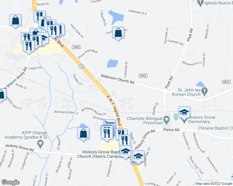 map of restaurants, bars, coffee shops, grocery stores, and more near 6151 Windsor Gate Lane in Charlotte