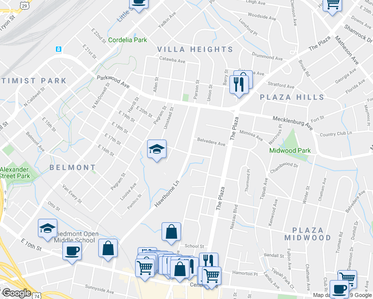map of restaurants, bars, coffee shops, grocery stores, and more near 1620 Parson Street in Charlotte