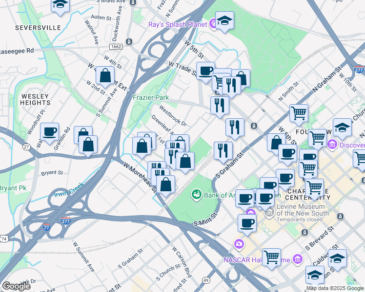 map of restaurants, bars, coffee shops, grocery stores, and more near in Charlotte