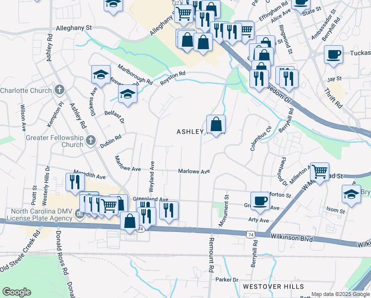 map of restaurants, bars, coffee shops, grocery stores, and more near 2000 Highland Street in Charlotte