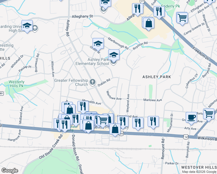 map of restaurants, bars, coffee shops, grocery stores, and more near 3154 Dublin Road in Charlotte