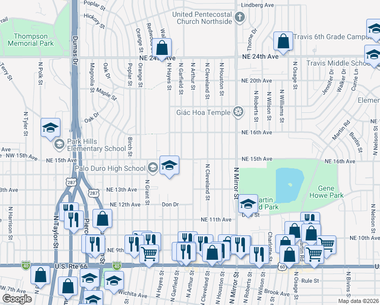 map of restaurants, bars, coffee shops, grocery stores, and more near 1505 North Arthur Street in Amarillo