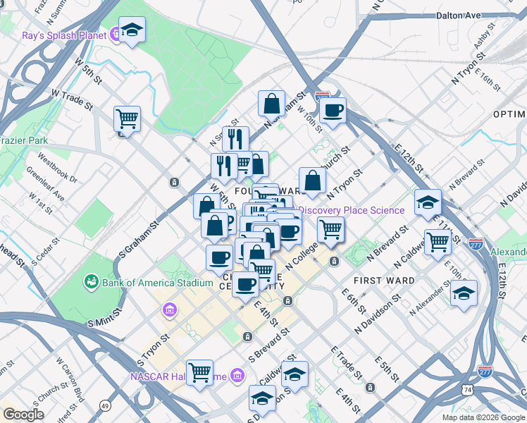 map of restaurants, bars, coffee shops, grocery stores, and more near 229 North Church Street in Charlotte