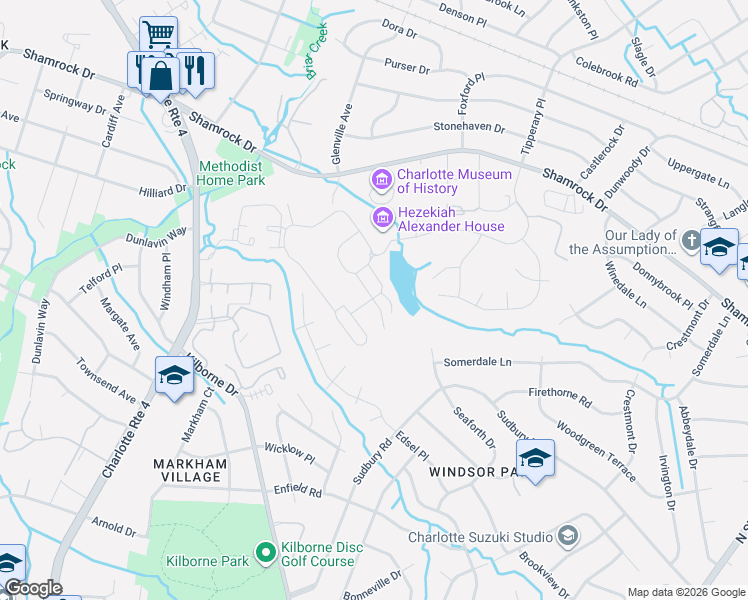 map of restaurants, bars, coffee shops, grocery stores, and more near Forest Knoll Drive in Charlotte