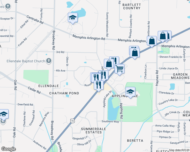 map of restaurants, bars, coffee shops, grocery stores, and more near 7515 4th Avenue in Memphis