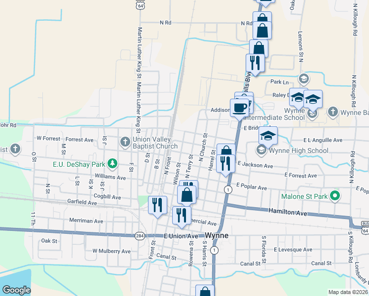 map of restaurants, bars, coffee shops, grocery stores, and more near 1001 Wilson Street in Wynne
