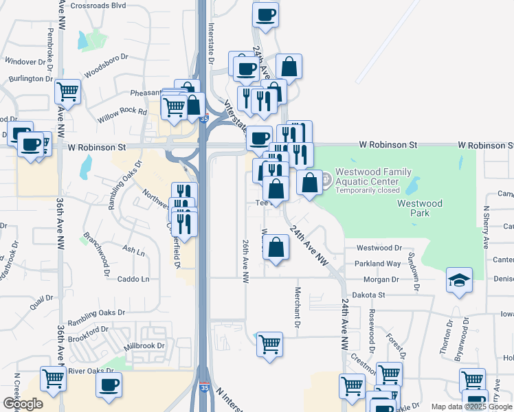 map of restaurants, bars, coffee shops, grocery stores, and more near 1010 24th Avenue Northwest in Norman