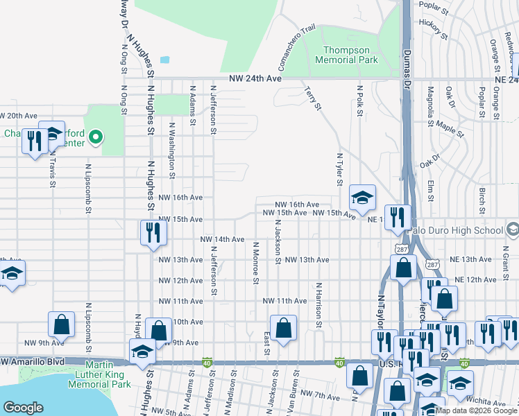 map of restaurants, bars, coffee shops, grocery stores, and more near 416 Northwest 15th Avenue in Amarillo