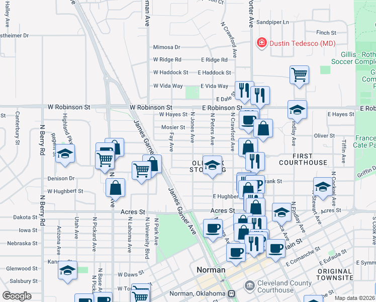map of restaurants, bars, coffee shops, grocery stores, and more near 109 West Johnson Street in Norman