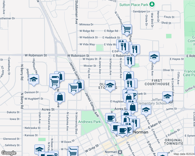 map of restaurants, bars, coffee shops, grocery stores, and more near 109 West Johnson Street in Norman