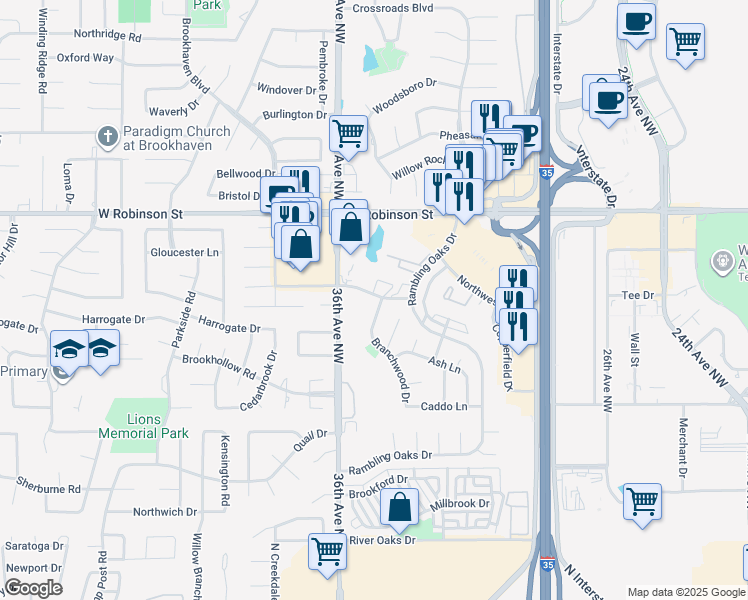 map of restaurants, bars, coffee shops, grocery stores, and more near 936 Branchwood Drive in Norman