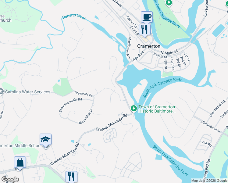 map of restaurants, bars, coffee shops, grocery stores, and more near 295 Maymont Drive in Cramerton