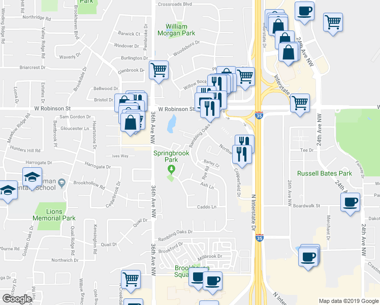 map of restaurants, bars, coffee shops, grocery stores, and more near 1024 Rambling Oaks Drive in Norman