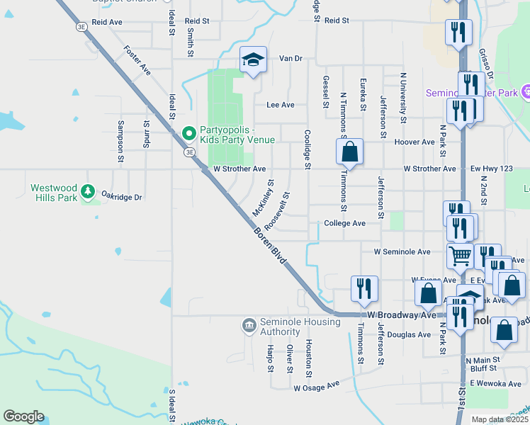 map of restaurants, bars, coffee shops, grocery stores, and more near 812 McKinley Street in Seminole