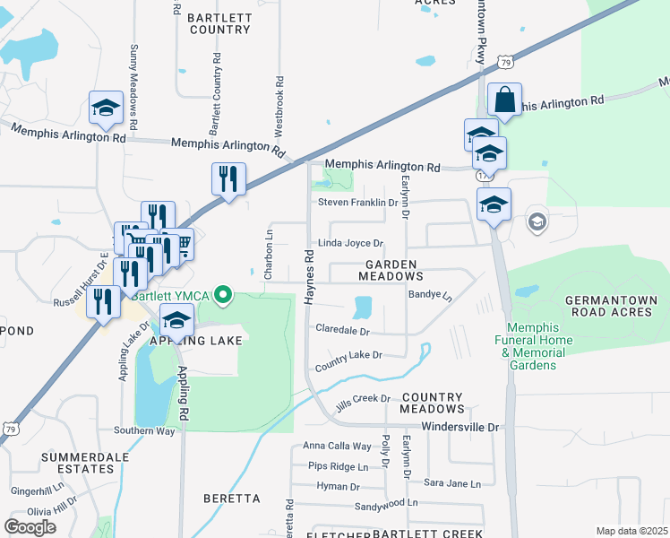 map of restaurants, bars, coffee shops, grocery stores, and more near 7875 Linda Joyce Drive in Bartlett