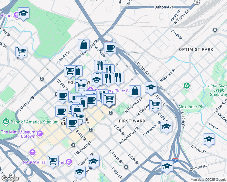 map of restaurants, bars, coffee shops, grocery stores, and more near 516 North Tryon Street in Charlotte