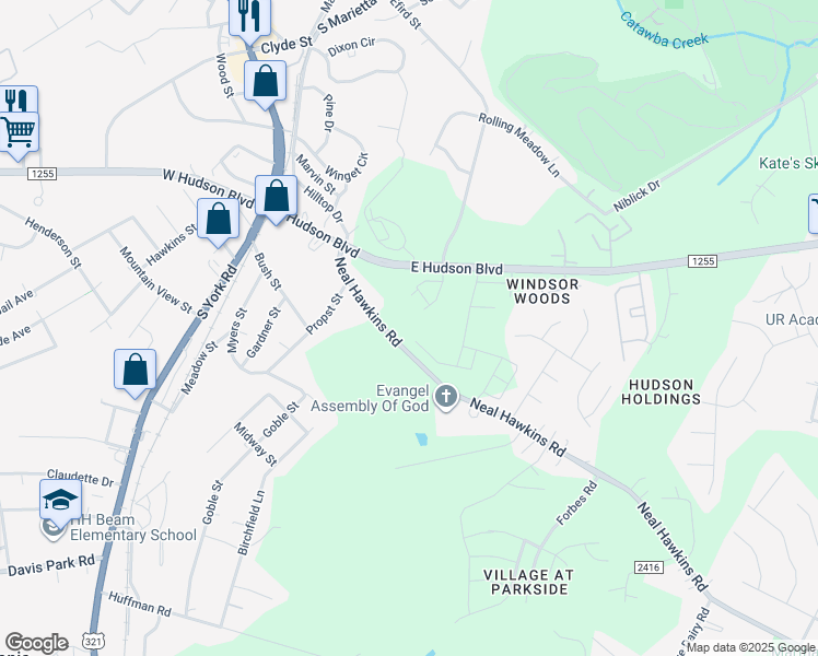 map of restaurants, bars, coffee shops, grocery stores, and more near 550 Neal Hawkins Road in Gastonia