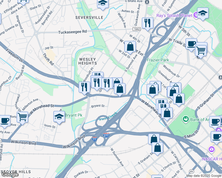 map of restaurants, bars, coffee shops, grocery stores, and more near 708 South Summit Avenue in Charlotte