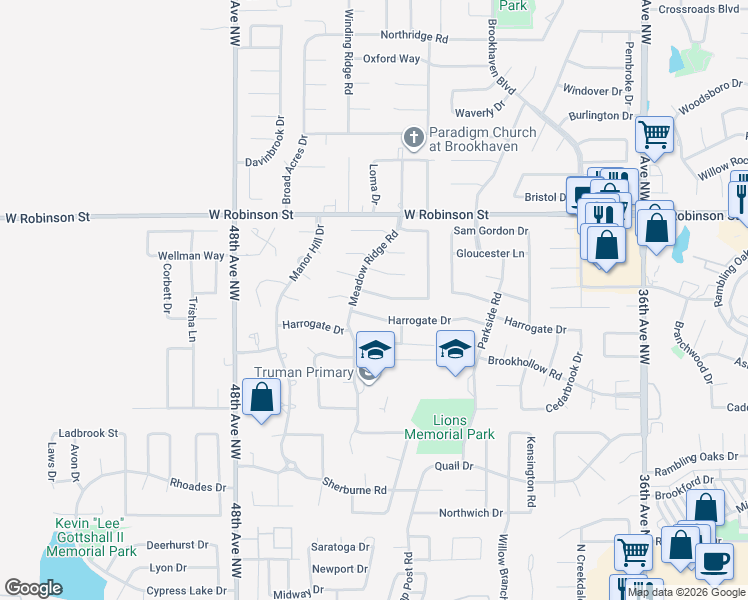 map of restaurants, bars, coffee shops, grocery stores, and more near 4403 Hunters Hill Road in Norman