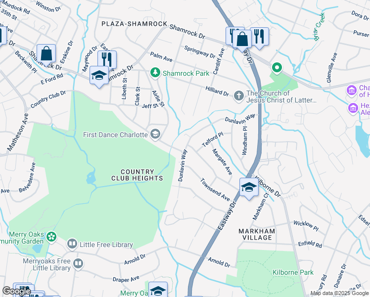 map of restaurants, bars, coffee shops, grocery stores, and more near 2901 Dunlavin Way in Charlotte