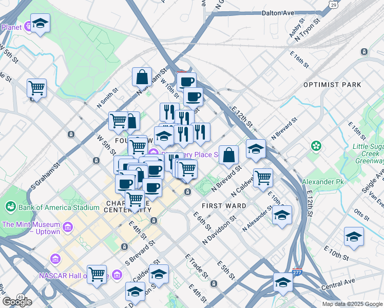 map of restaurants, bars, coffee shops, grocery stores, and more near 516 North Tryon Street in Charlotte