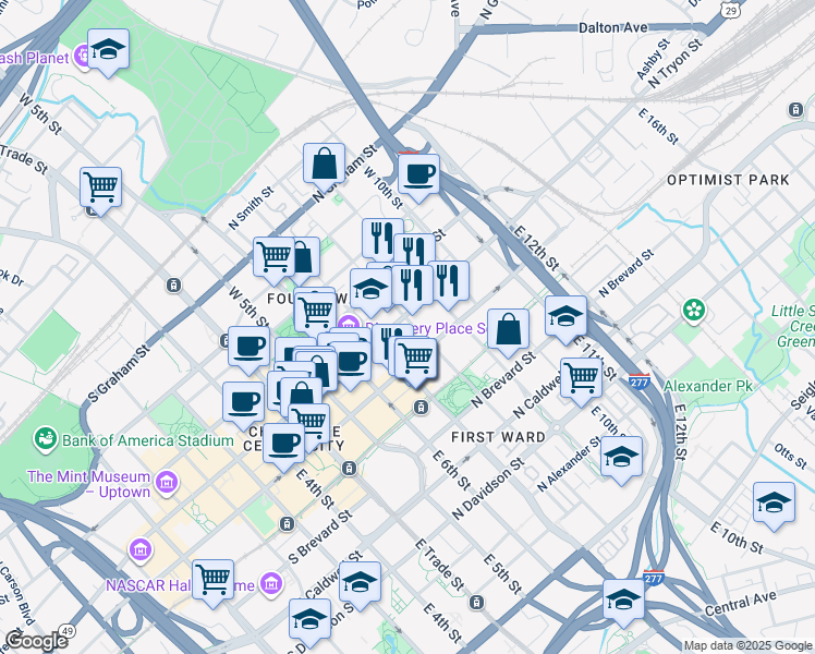 map of restaurants, bars, coffee shops, grocery stores, and more near 516 North Tryon Street in Charlotte