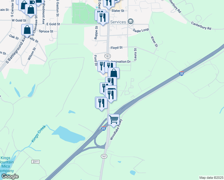 map of restaurants, bars, coffee shops, grocery stores, and more near 709 York Road in Kings Mountain