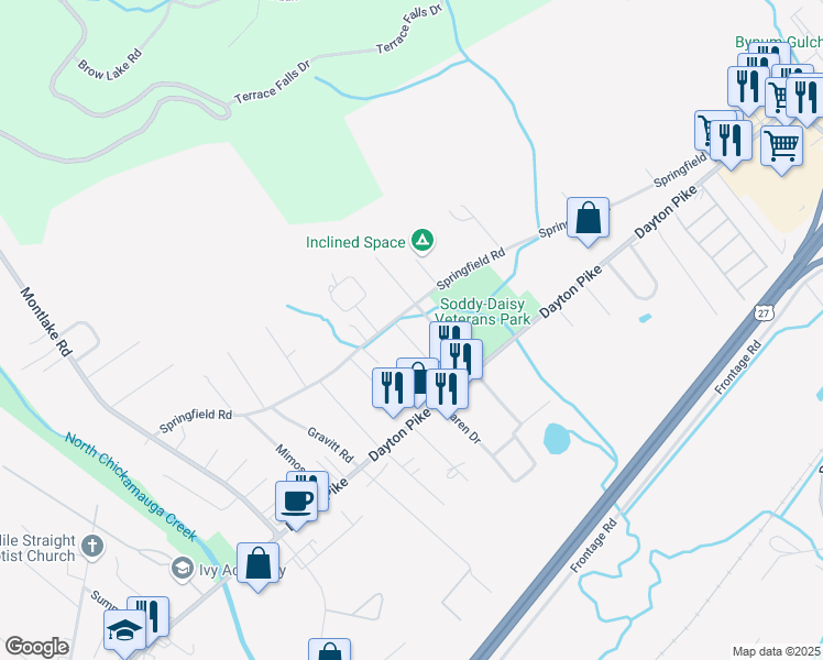 map of restaurants, bars, coffee shops, grocery stores, and more near 127 West Walden Circle in Soddy-Daisy