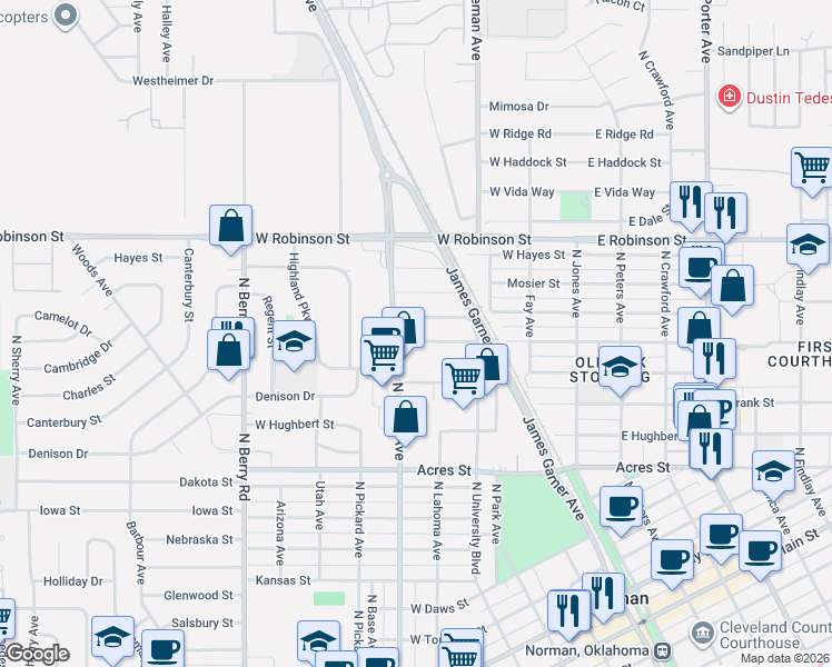 map of restaurants, bars, coffee shops, grocery stores, and more near 409 West Himes Street in Norman