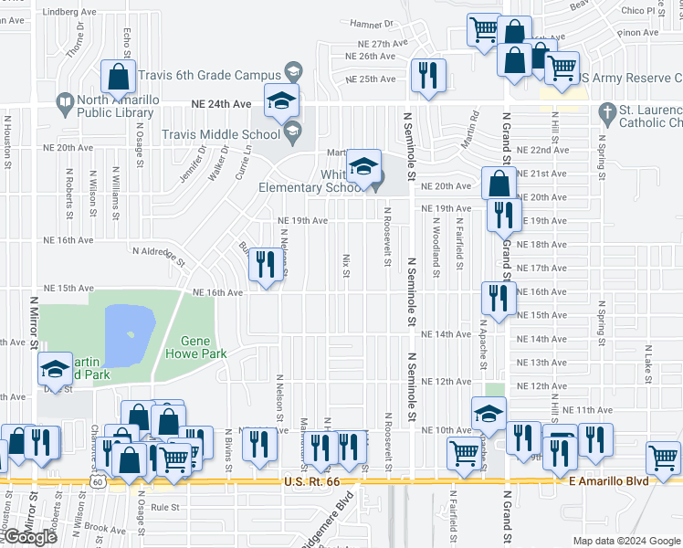 map of restaurants, bars, coffee shops, grocery stores, and more near 1609 Nix Street in Amarillo