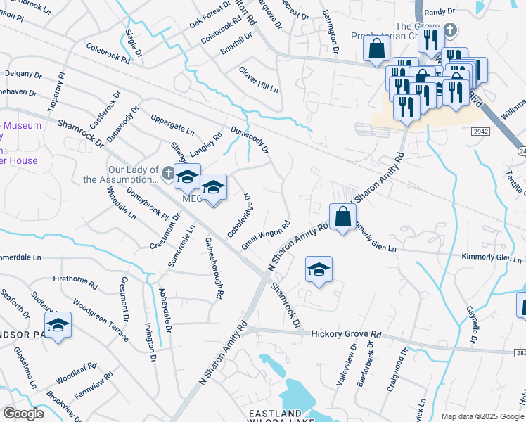 map of restaurants, bars, coffee shops, grocery stores, and more near 4510 Hezekiah Place in Charlotte