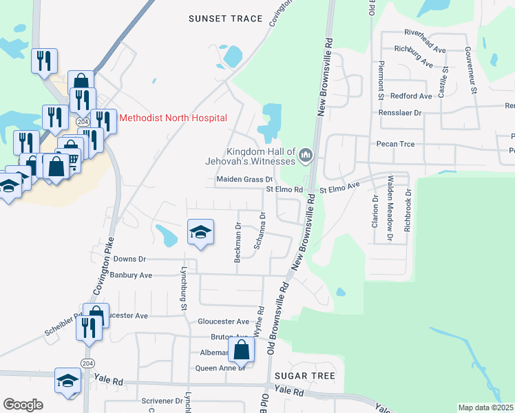 map of restaurants, bars, coffee shops, grocery stores, and more near 3840 Schanna Drive in Memphis