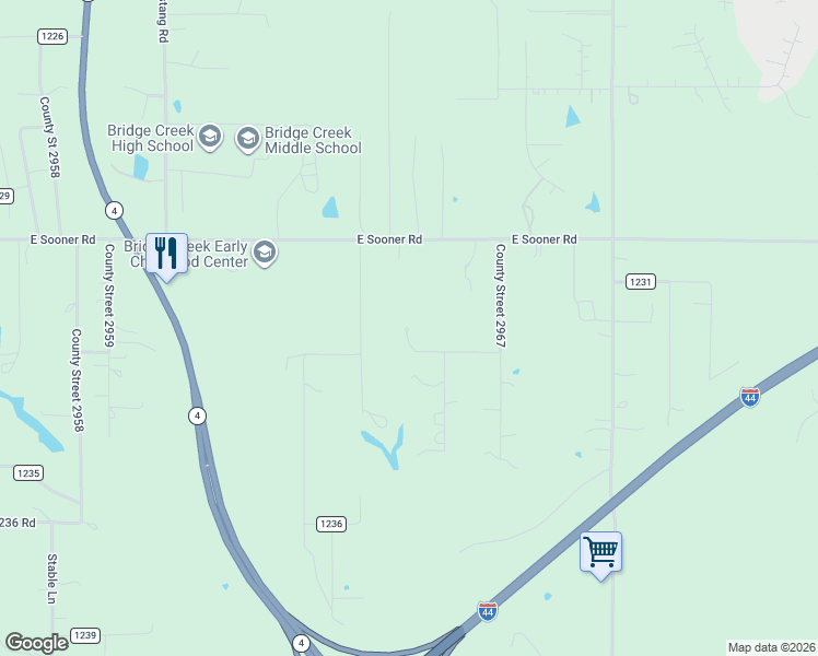 map of restaurants, bars, coffee shops, grocery stores, and more near 2250 County Road 1233 in Blanchard