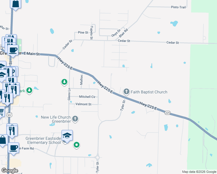 map of restaurants, bars, coffee shops, grocery stores, and more near 74 Highway 225 East in Greenbrier