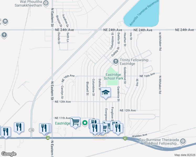map of restaurants, bars, coffee shops, grocery stores, and more near 6001-6099 Northeast 16th Avenue in Amarillo