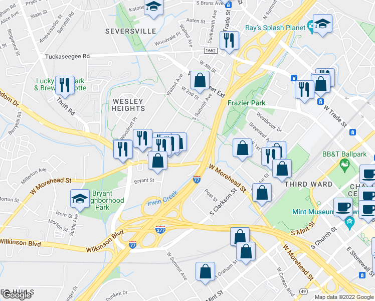 map of restaurants, bars, coffee shops, grocery stores, and more near in Charlotte