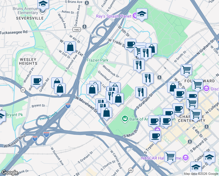map of restaurants, bars, coffee shops, grocery stores, and more near 900 Greenleaf Avenue in Charlotte
