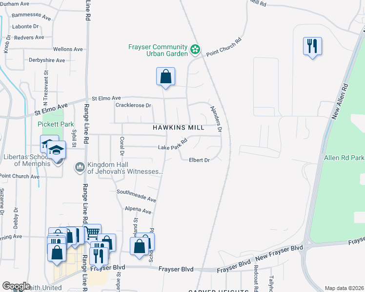 map of restaurants, bars, coffee shops, grocery stores, and more near 2897 Lake Park Road in Memphis