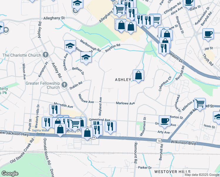 map of restaurants, bars, coffee shops, grocery stores, and more near 2800 Seabrook Drive in Charlotte
