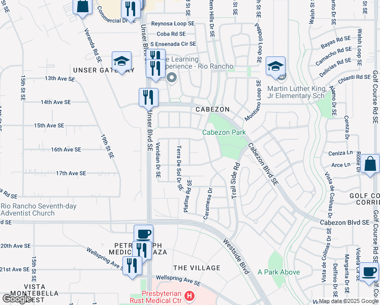 map of restaurants, bars, coffee shops, grocery stores, and more near Calle De Roja Dr in Rio Rancho