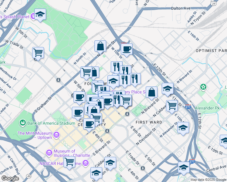 map of restaurants, bars, coffee shops, grocery stores, and more near in Charlotte