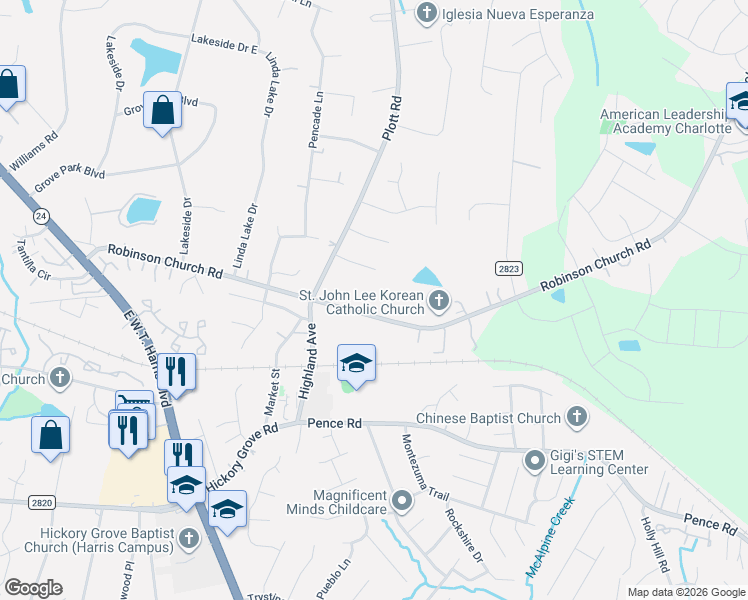 map of restaurants, bars, coffee shops, grocery stores, and more near 6905 Robinson Church Road in Charlotte