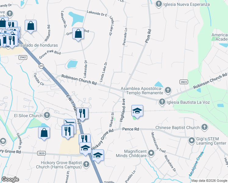 map of restaurants, bars, coffee shops, grocery stores, and more near in Charlotte