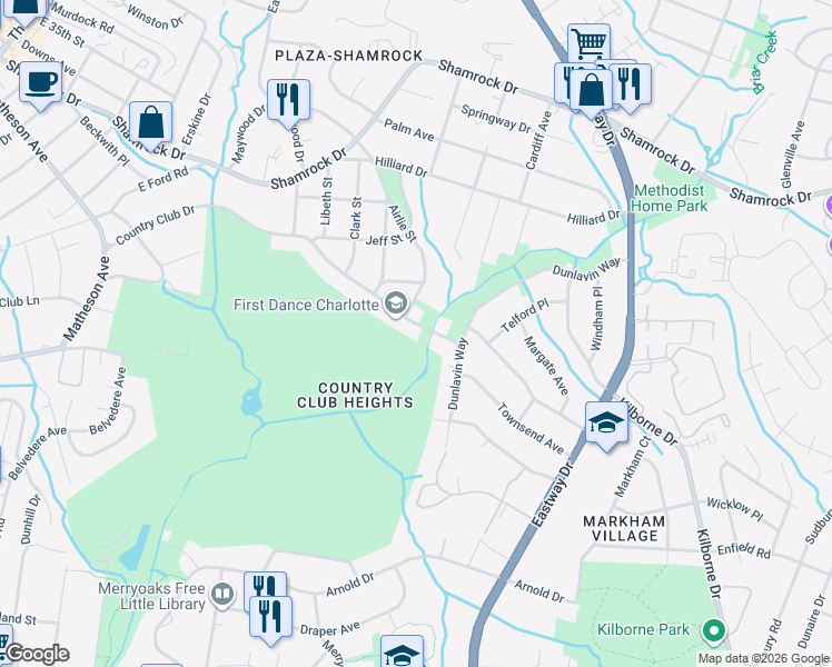 map of restaurants, bars, coffee shops, grocery stores, and more near 3717 Country Club Drive in Charlotte
