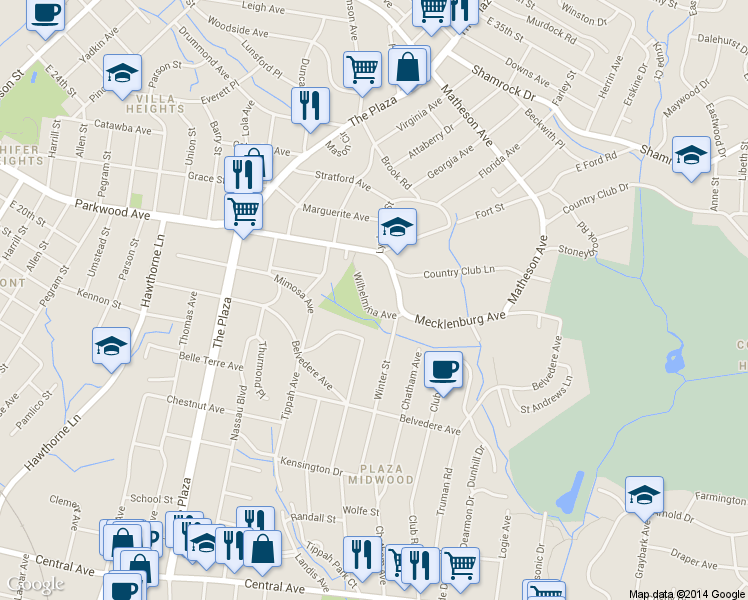 map of restaurants, bars, coffee shops, grocery stores, and more near 2027 Wilhelmina Avenue in Charlotte