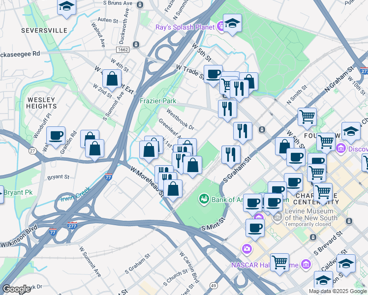 map of restaurants, bars, coffee shops, grocery stores, and more near in Charlotte