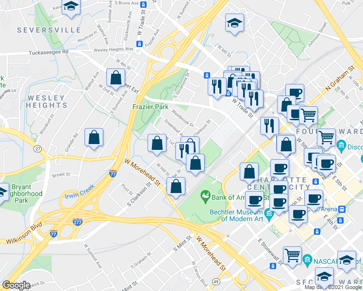 map of restaurants, bars, coffee shops, grocery stores, and more near in Charlotte