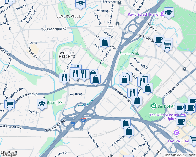 map of restaurants, bars, coffee shops, grocery stores, and more near 610 Calvert Street in Charlotte