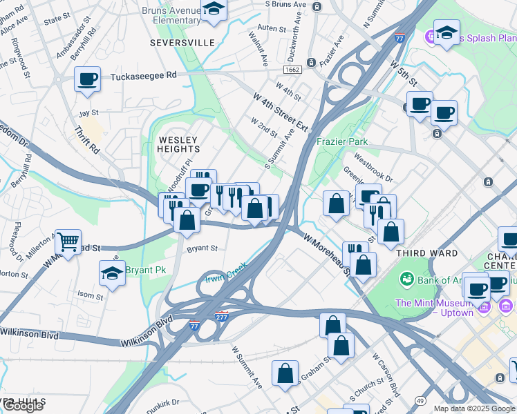 map of restaurants, bars, coffee shops, grocery stores, and more near 610 Calvert Street in Charlotte